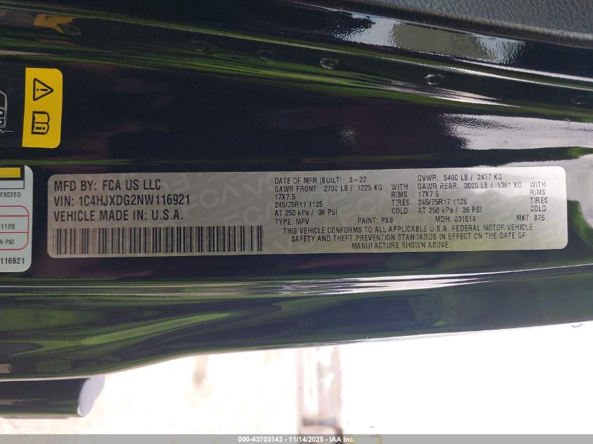 2022 Jeep Wrangler Unlimited Sport 4X4 VIN: 1C4HJXDG2NW116921 Lot: 43703143