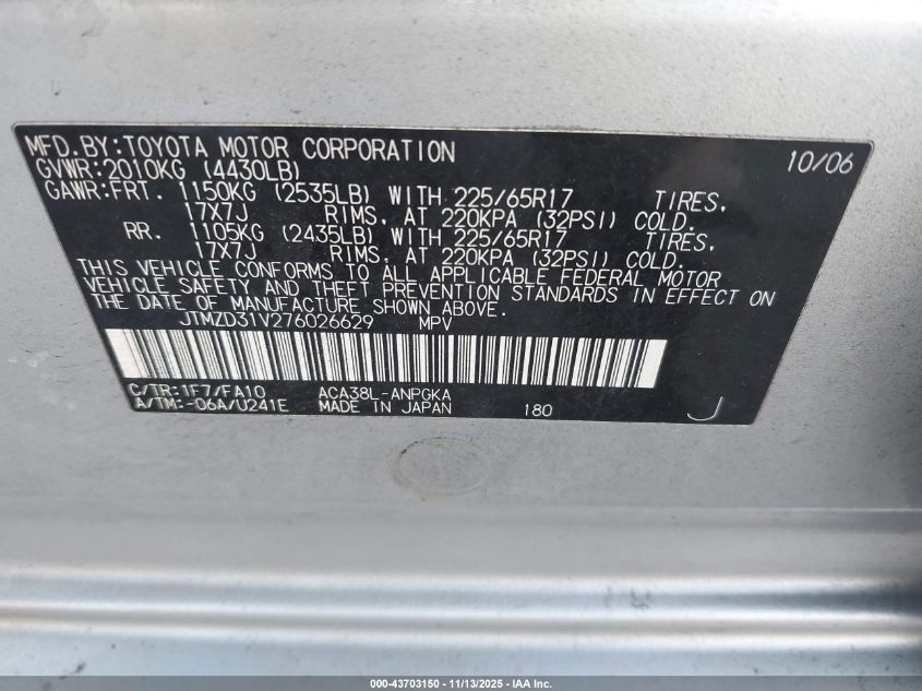 2007 Toyota Rav4 Limited VIN: JTMZD31V276026629 Lot: 43703150