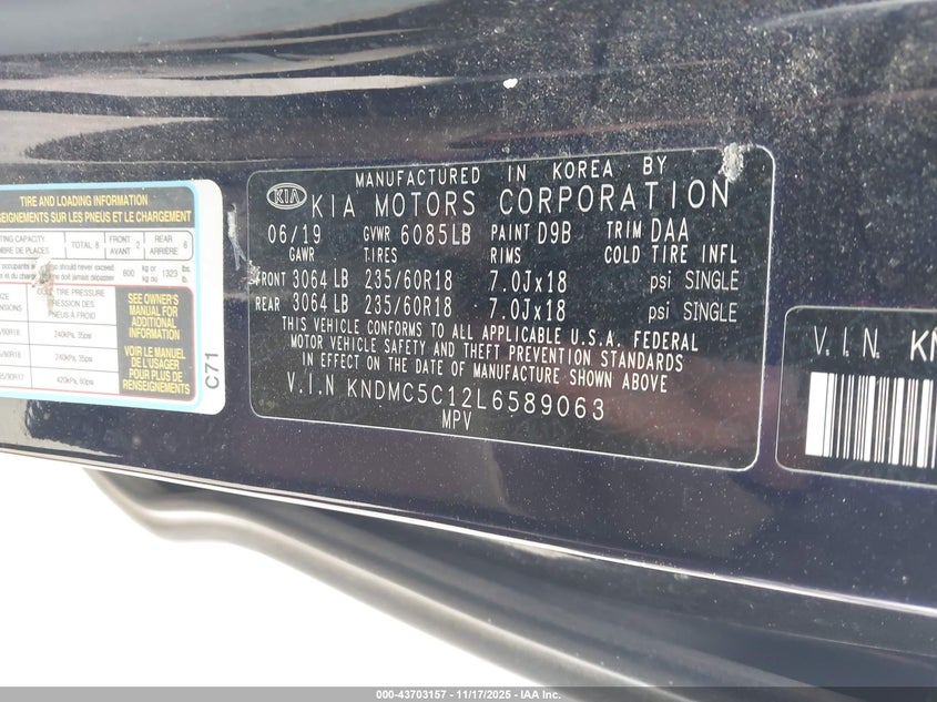 2020 Kia Sedona Sx VIN: KNDMC5C12L6589063 Lot: 43703157