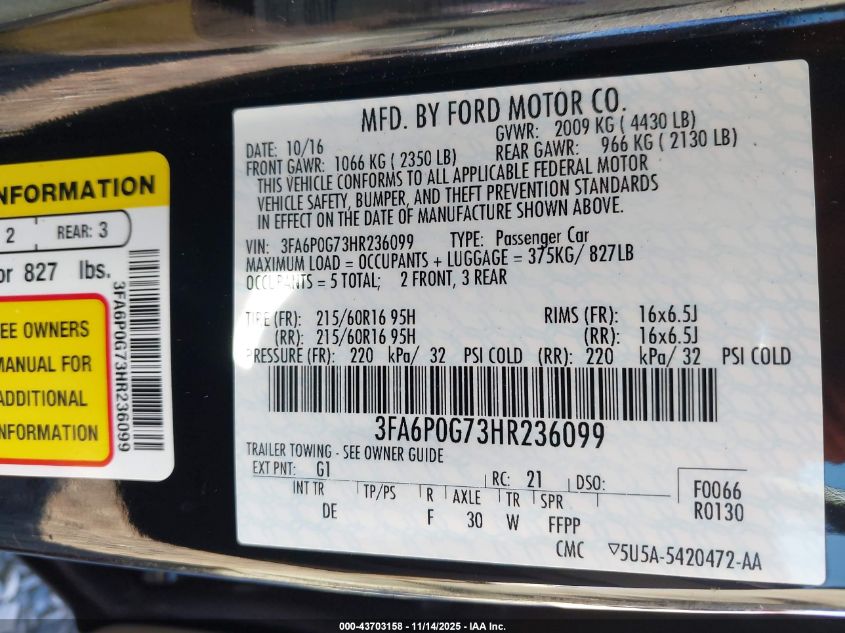 2017 Ford Fusion S VIN: 3FA6P0G73HR236099 Lot: 43703158