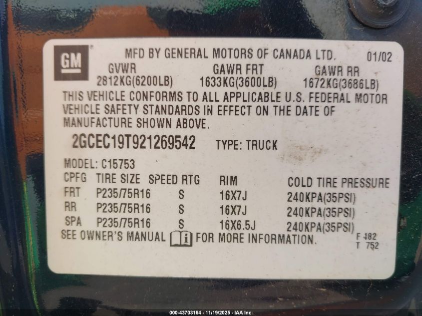 2002 Chevrolet Silverado 1500 Ls VIN: 2GCEC19T921269542 Lot: 43703164