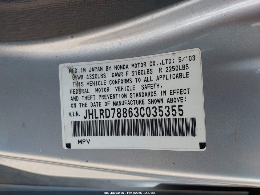 2003 Honda Cr-V Ex VIN: JHLRD78863C035355 Lot: 43703166