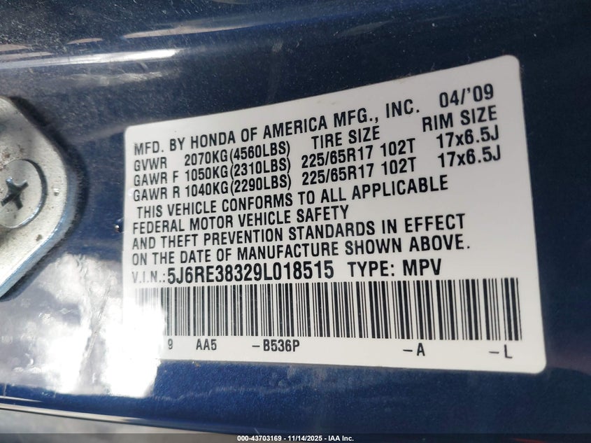 2009 Honda Cr-V Lx VIN: 5J6RE38329L018515 Lot: 43703169