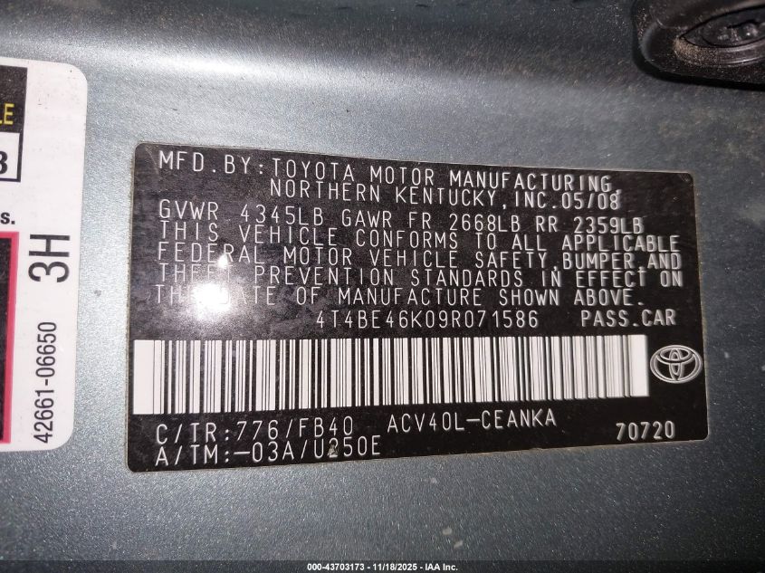 2009 Toyota Camry Le VIN: 4T4BE46K09R071586 Lot: 43703173