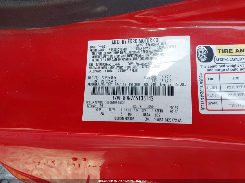 2006 Ford Mustang V6 VIN: 1ZVFT80N765135142 Lot: 43703175