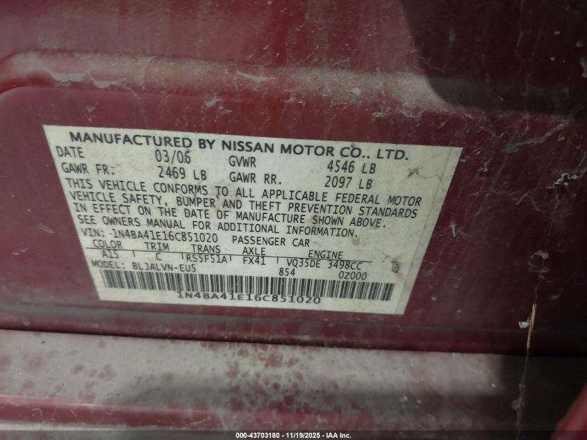 2006 Nissan Maxima 3.5 Se VIN: 1N4BA41E16C851020 Lot: 43703180