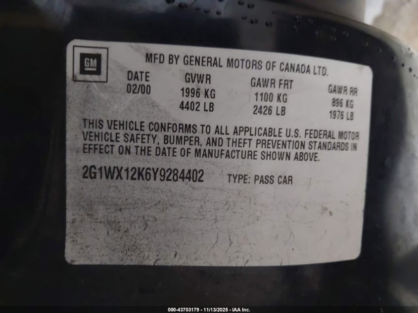 2000 Chevrolet Monte Carlo Ss VIN: 2G1WX12K6Y9284402 Lot: 43703179