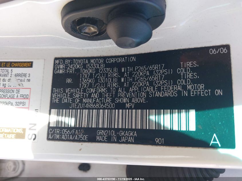 2006 Toyota 4Runner Sr5 V6 VIN: JTEZU14R868064500 Lot: 43703190