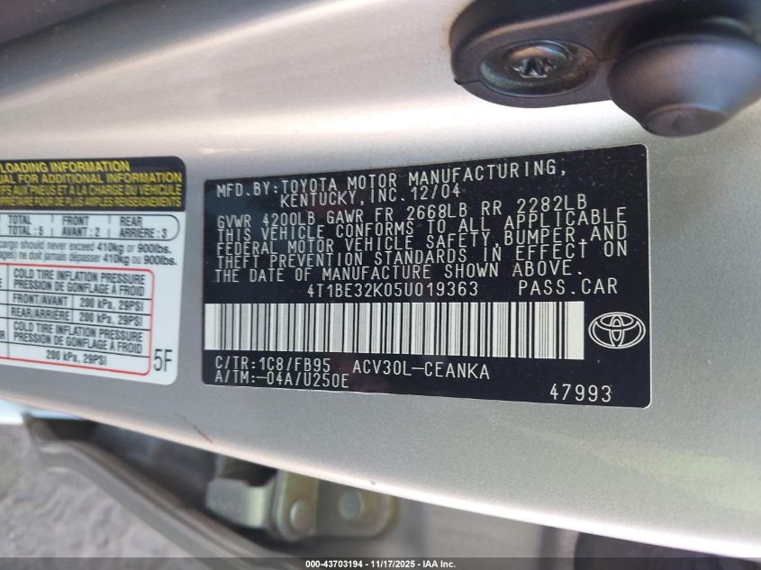 2005 Toyota Camry Le VIN: 4T1BE32K05U019363 Lot: 43703194
