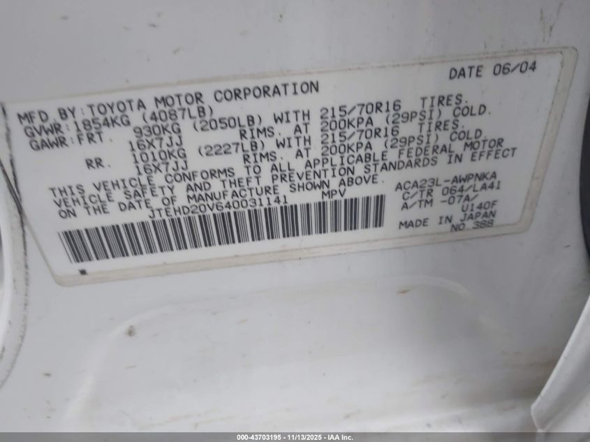 2004 Toyota Rav4 VIN: JTEHD20V640031141 Lot: 43703195