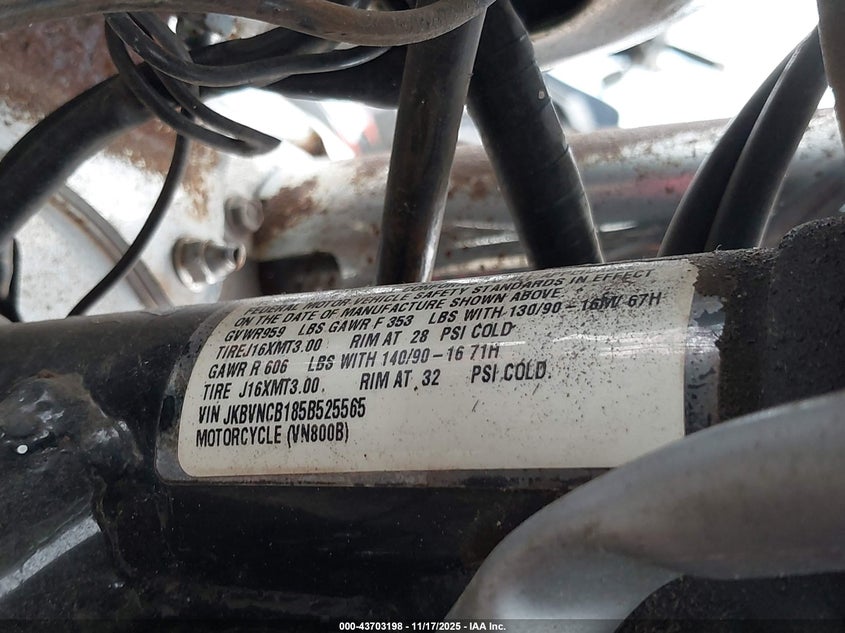 2005 Kawasaki Vn800 B VIN: JKBVNCB185B525565 Lot: 43703198