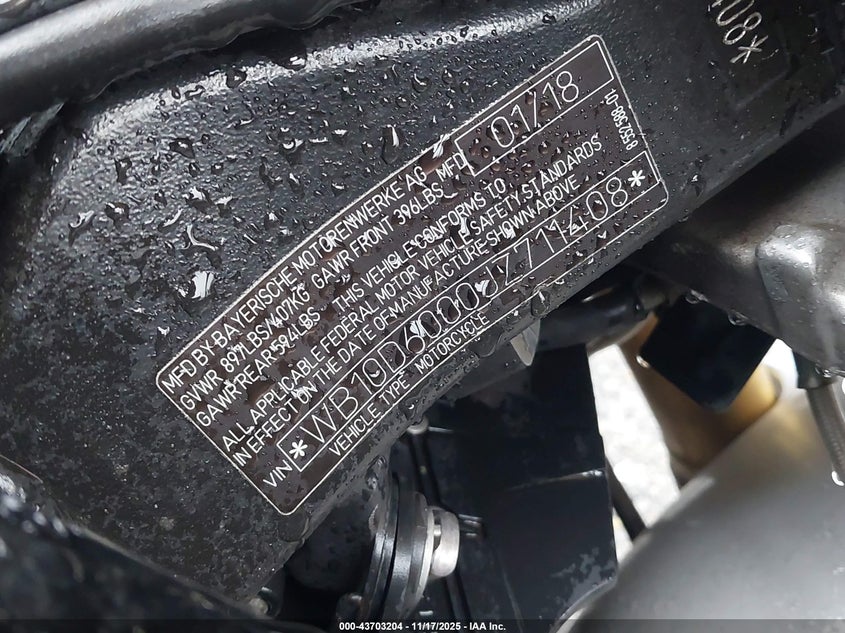 2018 BMW S 1000 Rr VIN: WB10D6000JZ711408 Lot: 43703204