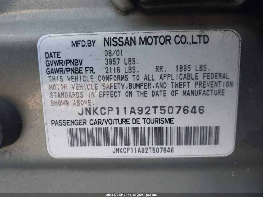 2002 Infiniti G20 Luxury VIN: JNKCP11A92T507646 Lot: 43703219