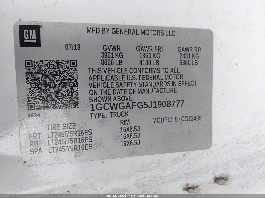 2018 Chevrolet Express 2500 Work Van VIN: 1GCWGAFG5J1908777 Lot: 43703221