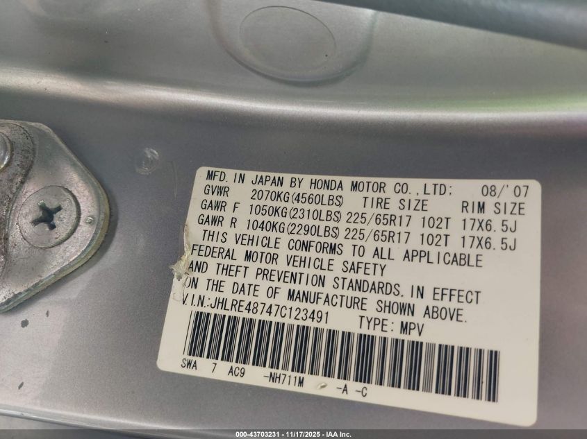 2007 Honda Cr-V Ex-L VIN: JHLRE48747C123491 Lot: 43703231