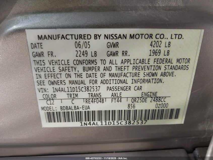 2005 Nissan Altima 2.5 S VIN: 1N4AL11D15C382537 Lot: 43703233