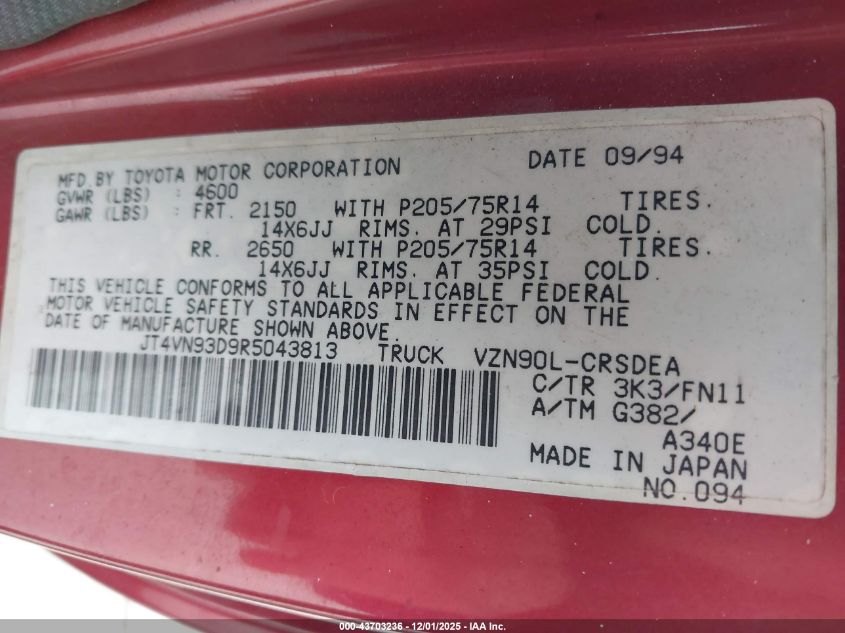 1994 Toyota Pickup 1/2 Ton Ex Lng Whlbase/Dx VIN: JT4VN93D9R5043813 Lot: 43703236