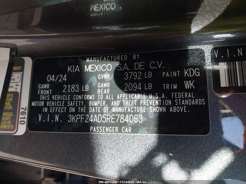 2024 Kia Forte Lxs VIN: 3KPF24AD5RE784063 Lot: 43703240