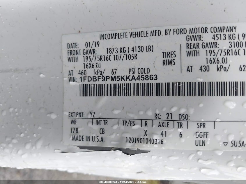 2019 Ford Transit-350 Cutaway VIN: 1FDBF9PM5KKA45863 Lot: 43703241