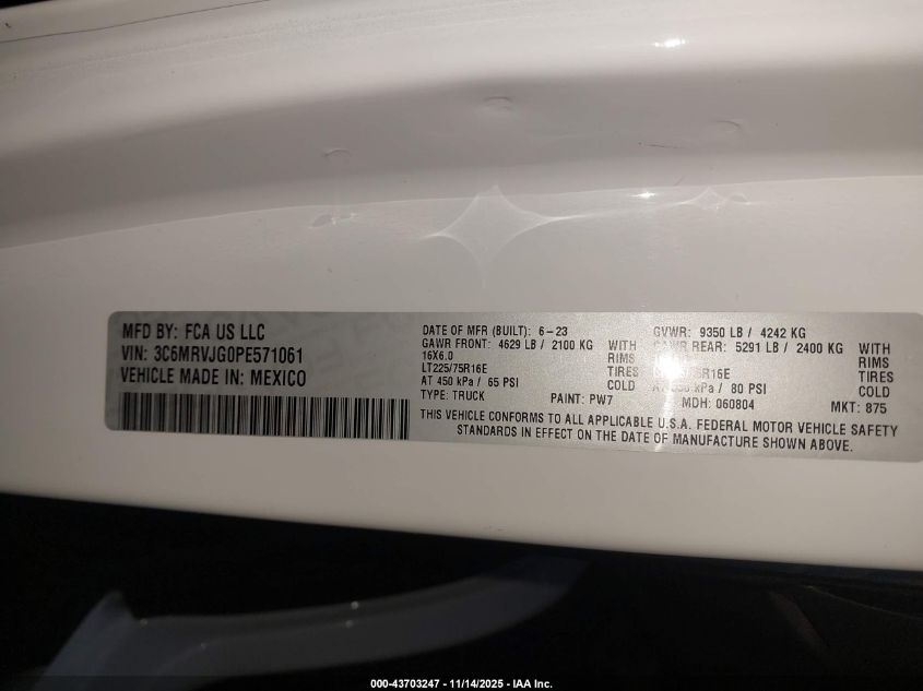 2023 Ram Promaster 3500 Cargo Van High Roof 159 Wb Ext VIN: 3C6MRVJG0PE571061 Lot: 43703247