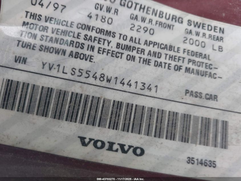 1998 Volvo S70 Gtas/Gtms VIN: YV1LS5548W1441341 Lot: 43703270