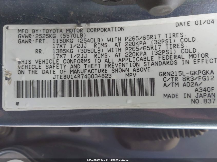 2004 Toyota 4Runner Sr5 V6 VIN: JTEBU14R740034823 Lot: 43703294