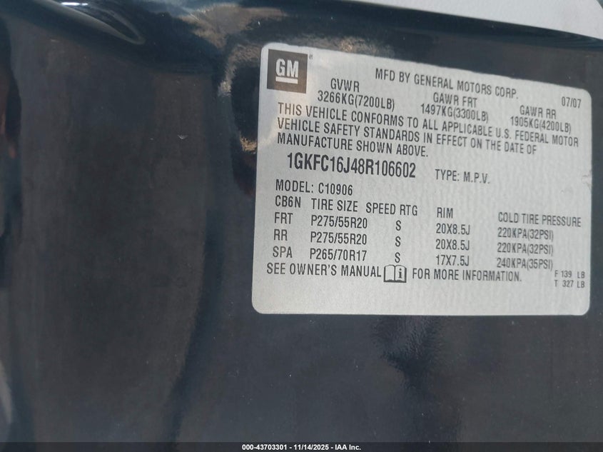 2008 GMC Yukon Xl 1500 Slt VIN: 1GKFC16J48R106602 Lot: 43703301