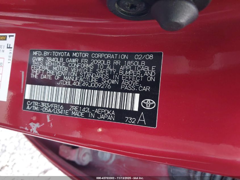 2009 Toyota Corolla Le VIN: JTDBL40E49J009276 Lot: 43703303