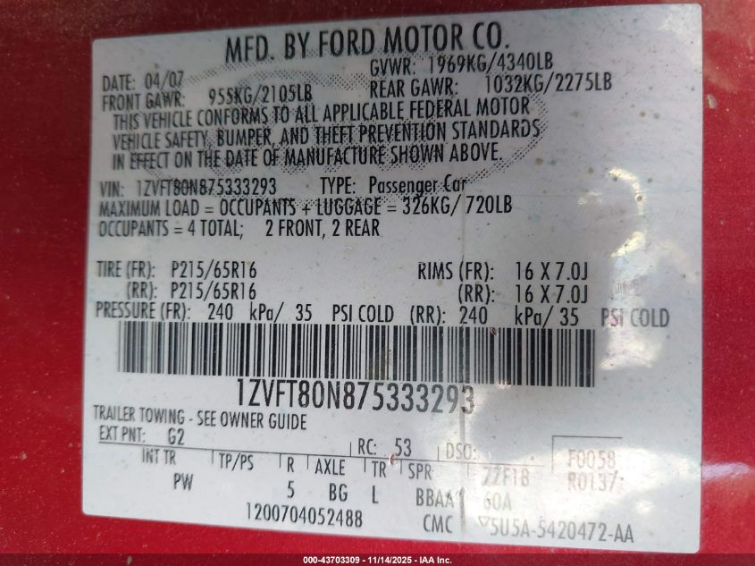 2007 Ford Mustang V6 Deluxe/V6 Premium VIN: 1ZVFT80N875333293 Lot: 43703309