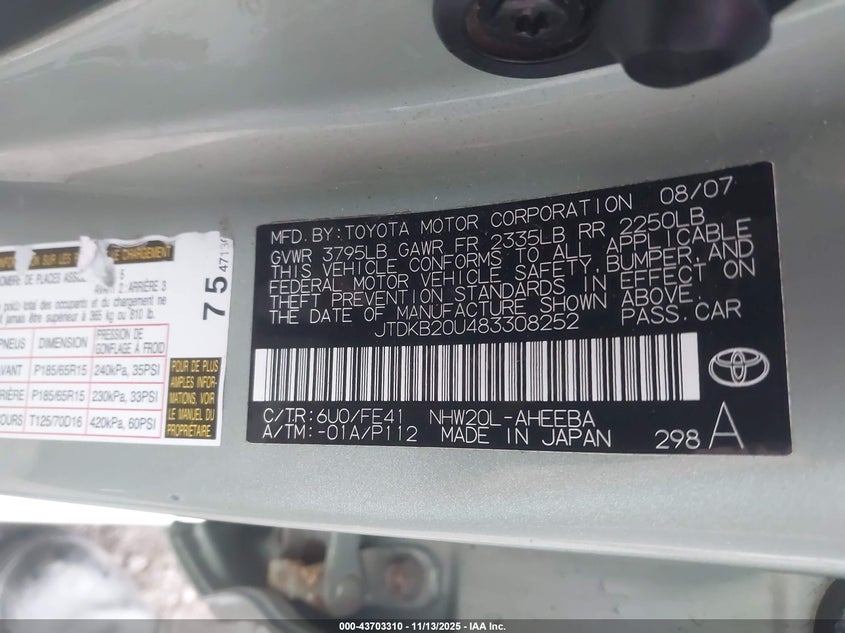 2008 Toyota Prius VIN: JTDKB20U483308252 Lot: 43703310