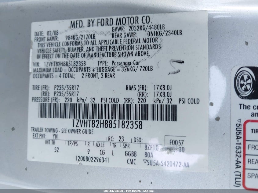 2008 Ford Mustang Gt Deluxe/Gt Premium VIN: 1ZVHT82H885182358 Lot: 43703320