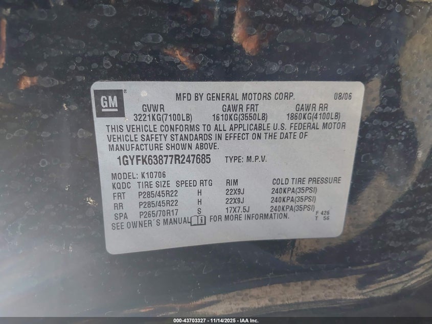 2007 Cadillac Escalade Standard VIN: 1GYFK63877R247685 Lot: 43703327