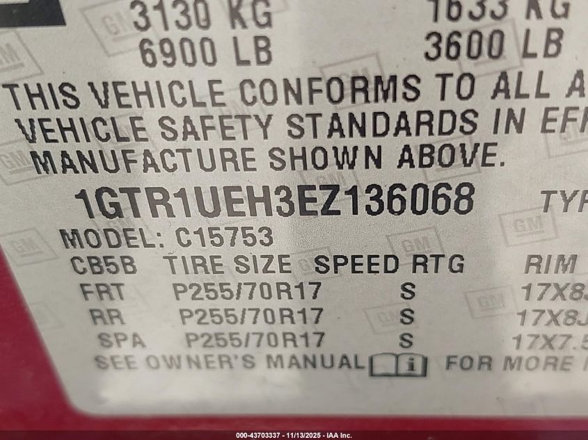 2014 GMC Sierra 1500 Sle VIN: 1GTR1UEH3EZ136068 Lot: 43703337