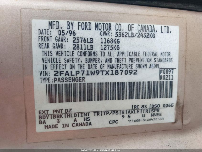 1996 Ford Crown Victoria Police Interceptor VIN: 2FALP71W9TX187092 Lot: 43703352