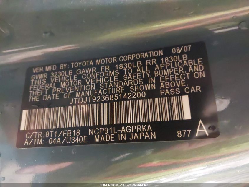 2008 Toyota Yaris VIN: JTDJT923685142200 Lot: 43703363