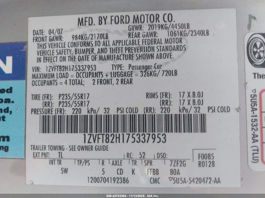 2007 Ford Mustang Gt Deluxe/Gt Premium VIN: 1ZVFT82H175337953 Lot: 43703364