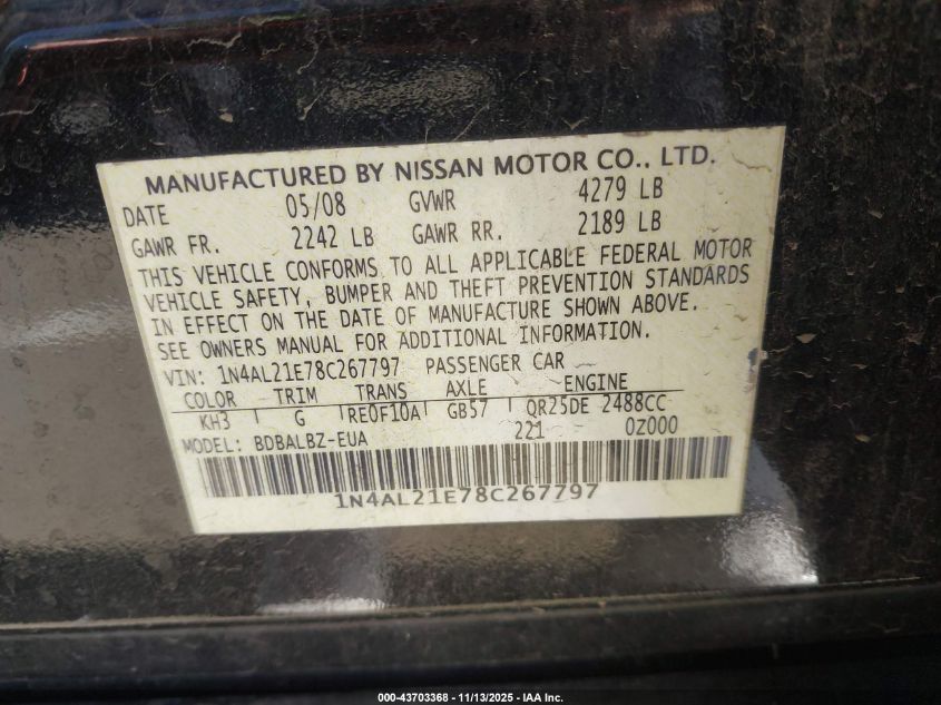 2008 Nissan Altima 2.5 S VIN: 1N4AL21E78C267797 Lot: 43703368