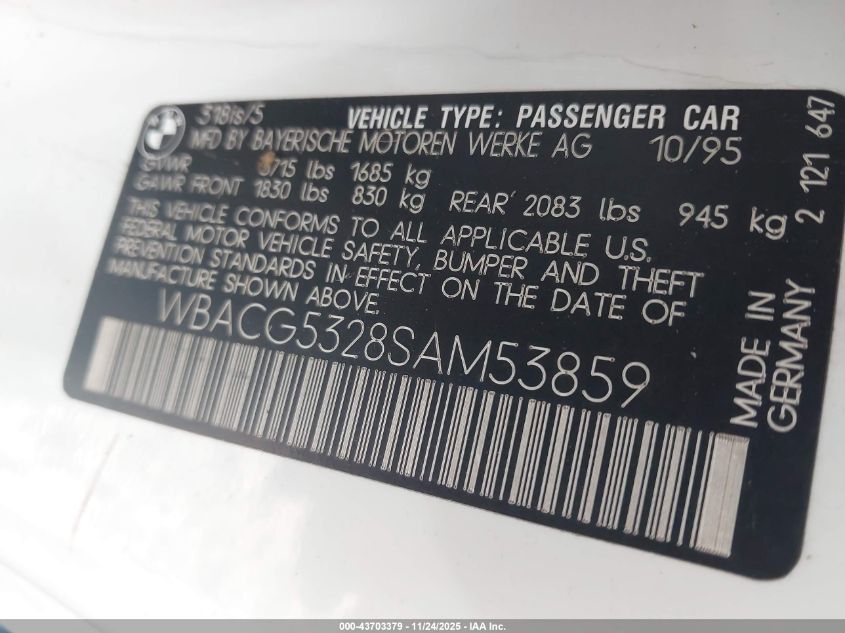 1995 BMW 318 Ti VIN: WBACG5328SAM53859 Lot: 43703379