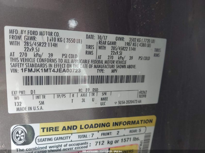 2018 Ford Expedition Max Platinum VIN: 1FMJK1MT4JEA00723 Lot: 43703388