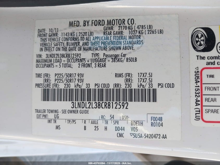3LNDL2L38CR812592 2012 LINCOLN MKZ photo no. 9