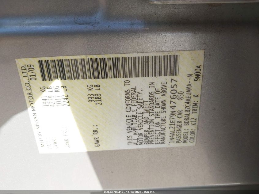 2009 Nissan Altima 2.5 S VIN: 1N4AL21E79N476057 Lot: 43703410