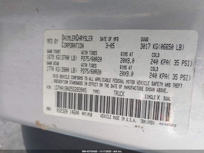 2005 Dodge Ram 1500 Slt/Laramie VIN: 1D7HA18N25S283945 Lot: 43703420