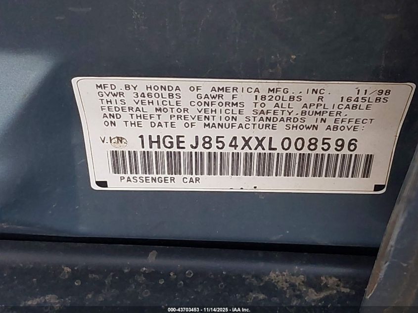 1999 Honda Civic Ex VIN: 1HGEJ854XXL008596 Lot: 43703453