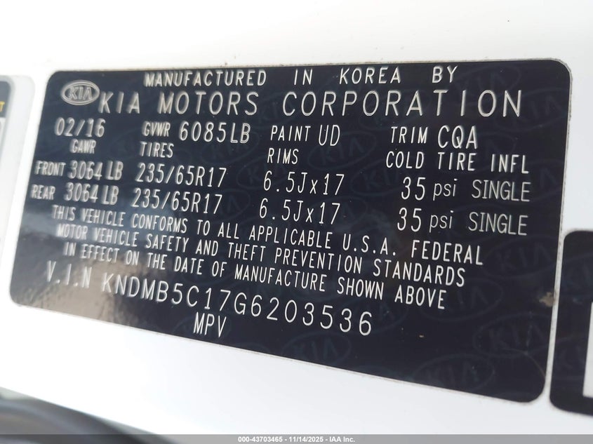 2016 Kia Sedona Lx VIN: KNDMB5C17G6203536 Lot: 43703465