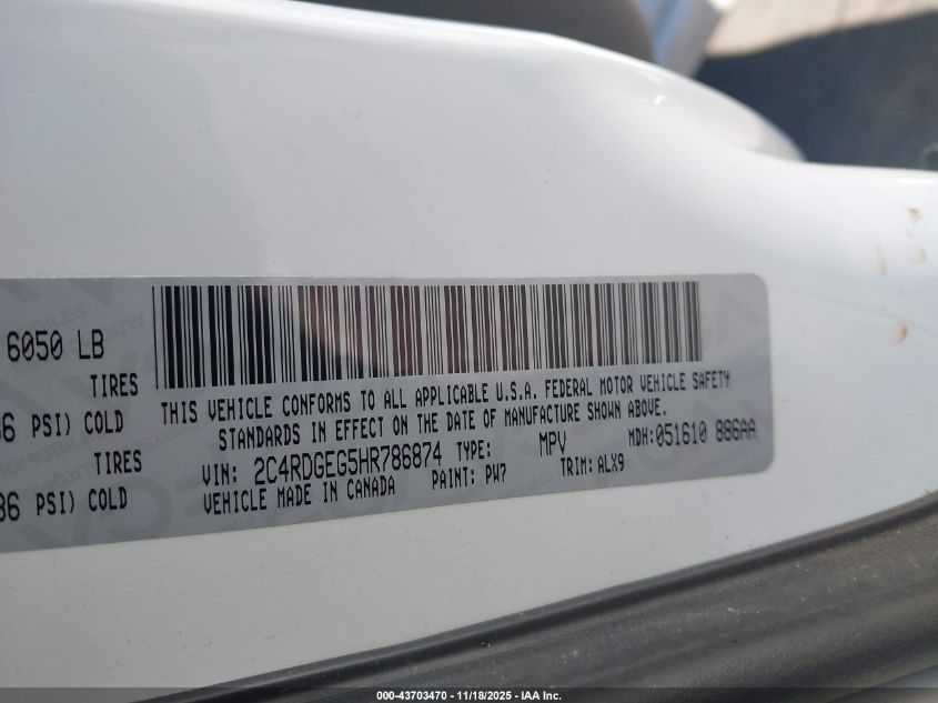 2017 Dodge Grand Caravan Gt VIN: 2C4RDGEG5HR786874 Lot: 43703470