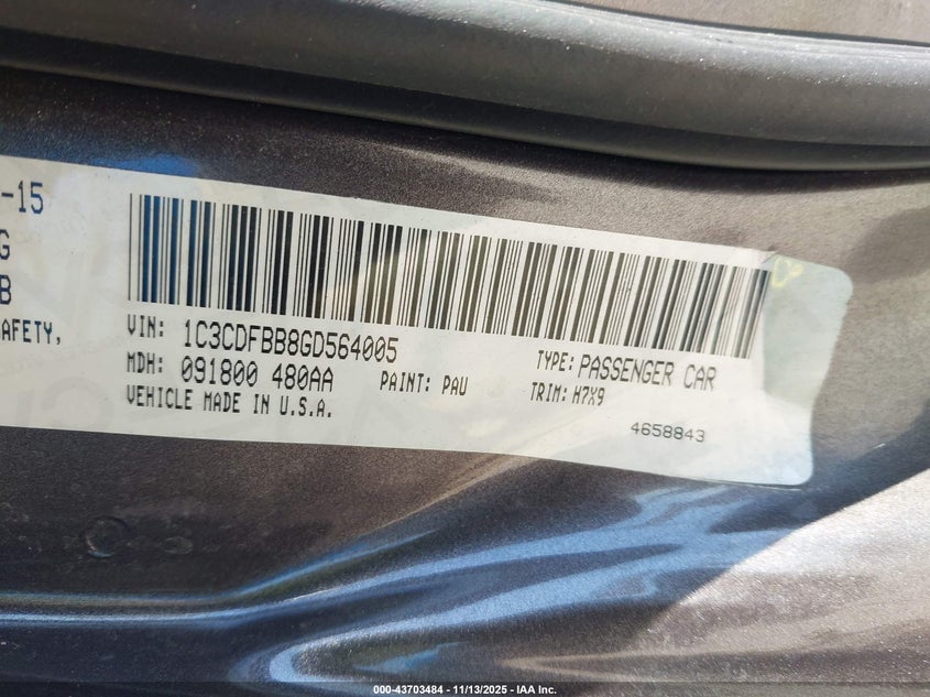 2016 Dodge Dart Sxt VIN: 1C3CDFBB8GD564005 Lot: 43703484