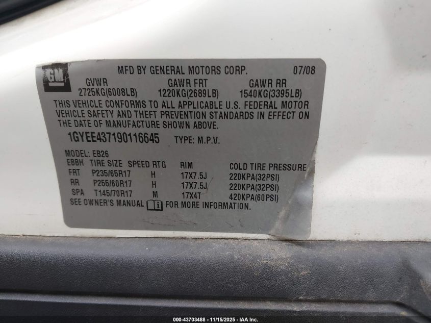 2009 Cadillac Srx V6 VIN: 1GYEE437190116645 Lot: 43703488