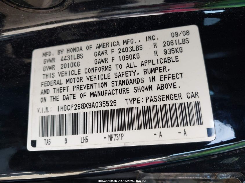 2009 Honda Accord 2.4 Ex-L VIN: 1HGCP268X9A035526 Lot: 43703506