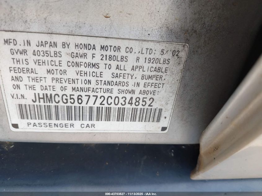 2002 Honda Accord 2.3 Se VIN: JHMCG56772C034852 Lot: 43703527