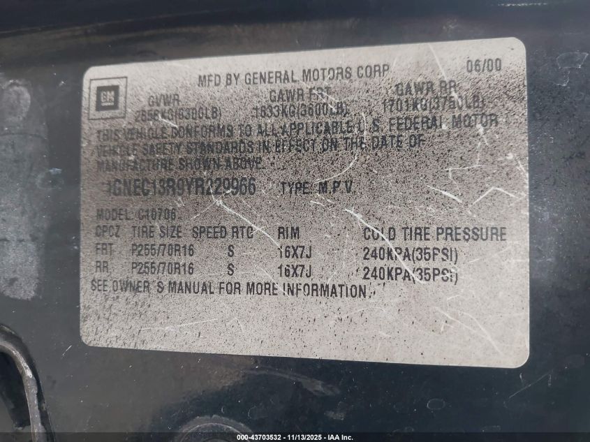 2000 Chevrolet Tahoe Limited VIN: 1GNEC13R9YR229966 Lot: 43703532